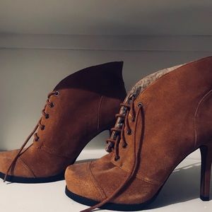 brown suede leather heel boot faux sherpa fur